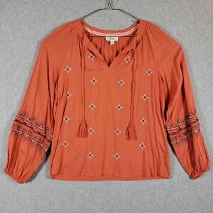 Style & Co Women's S Orange Boho Embroidered V-Neck Peasant Blouse Long Sleeve